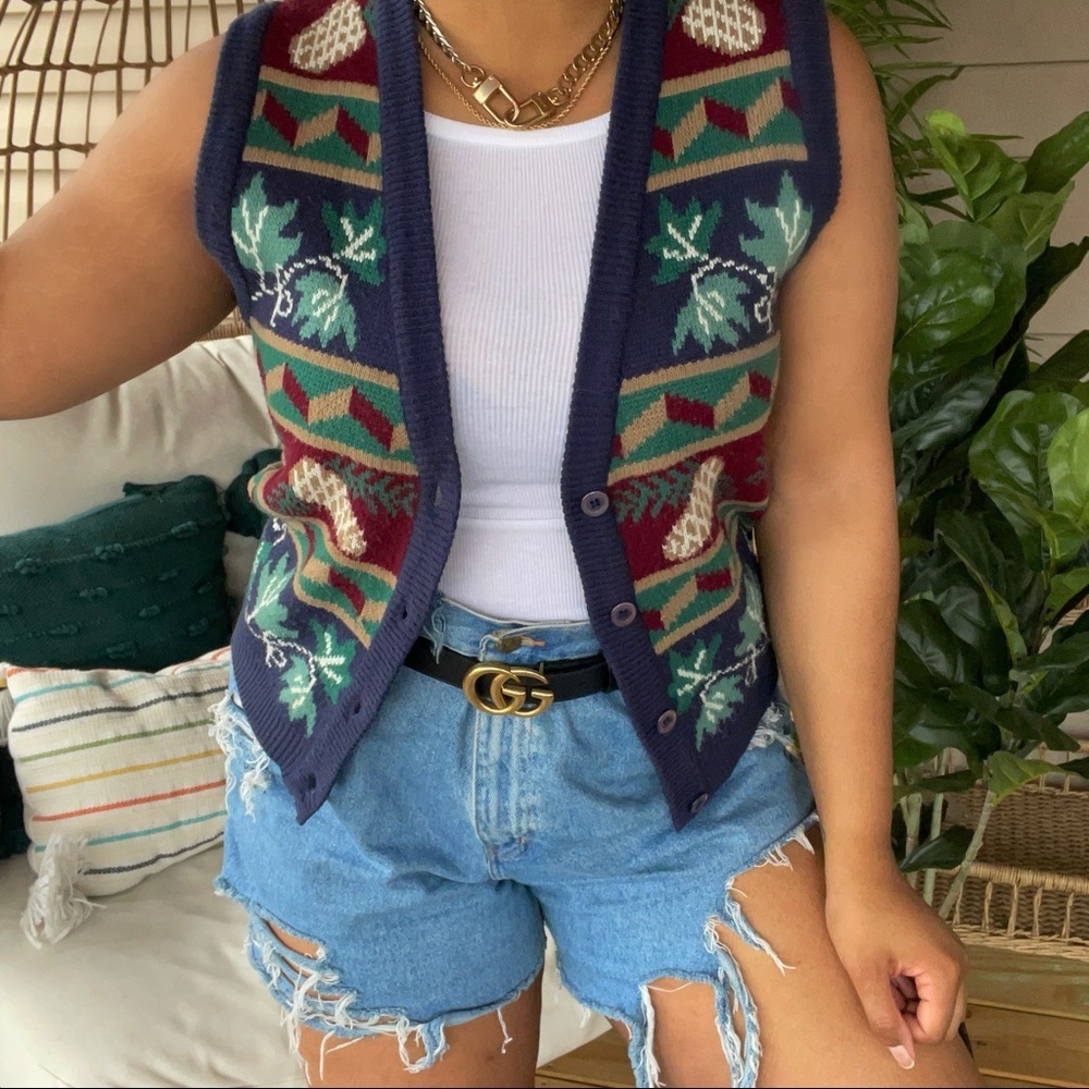 Vintage Teal Boho Granolacore Grandma Sweater Vest Cardigan SZ S